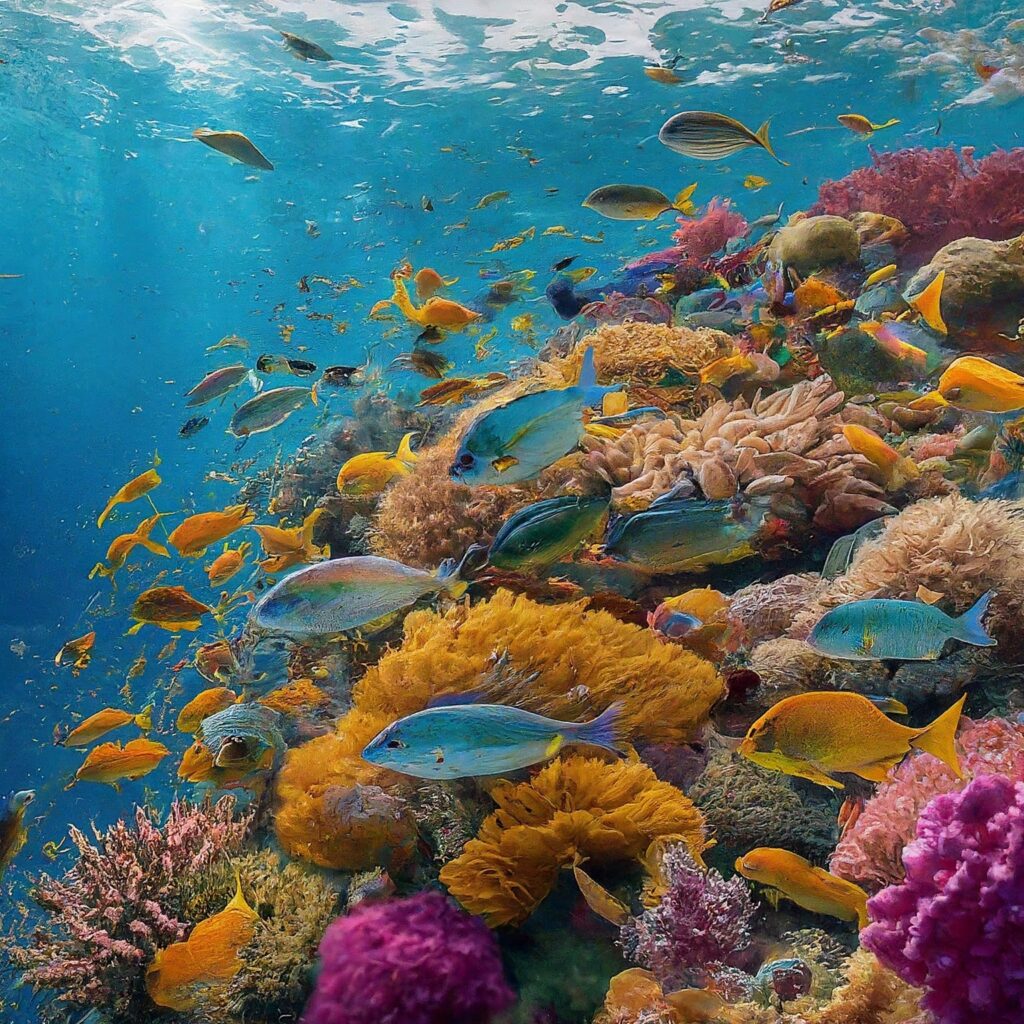 Image: A detailed illustration of a coral reef teeming with colorful fish.